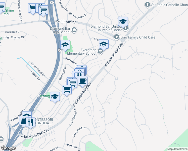 map of restaurants, bars, coffee shops, grocery stores, and more near 2622 Rising Star Drive in Diamond Bar