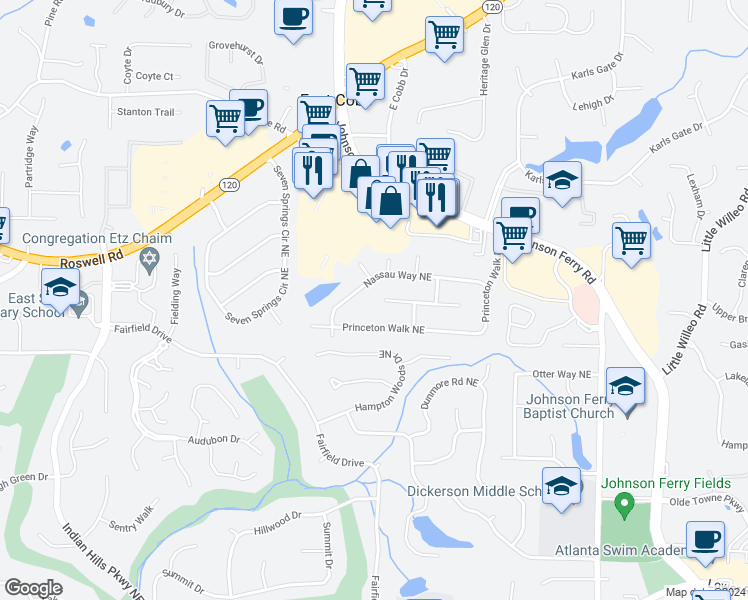 map of restaurants, bars, coffee shops, grocery stores, and more near 4321 Cornwallis Court in Marietta