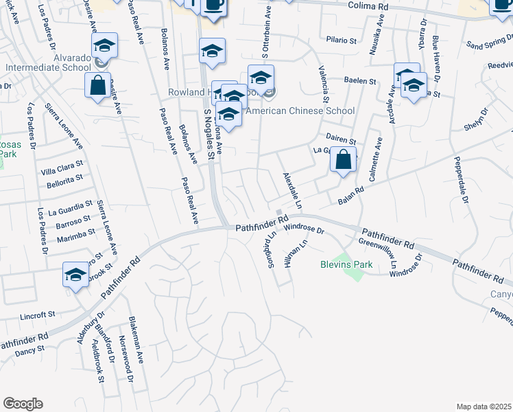 map of restaurants, bars, coffee shops, grocery stores, and more near 2271 South Otterbein Avenue in Rowland Heights