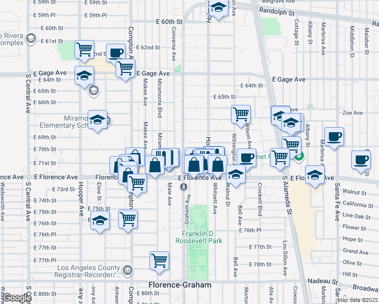 map of restaurants, bars, coffee shops, grocery stores, and more near 1715 East 70th Street in Los Angeles