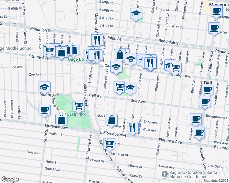 map of restaurants, bars, coffee shops, grocery stores, and more near 6639 Orchard Avenue in Bell