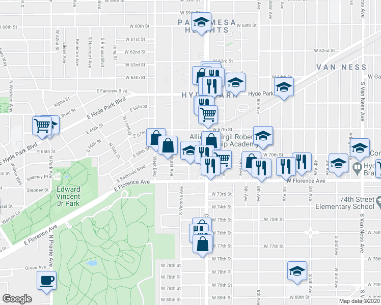 map of restaurants, bars, coffee shops, grocery stores, and more near 6808 South Victoria Avenue in Los Angeles