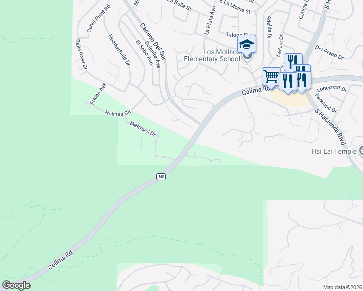 map of restaurants, bars, coffee shops, grocery stores, and more near 15360 Metropol Drive in Hacienda Heights
