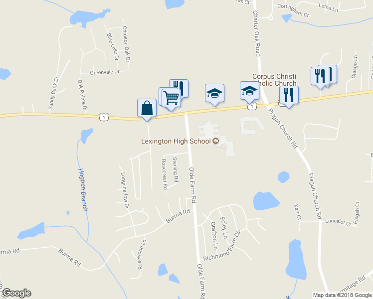 map of restaurants, bars, coffee shops, grocery stores, and more near 104 Glenellen Road in Lexington