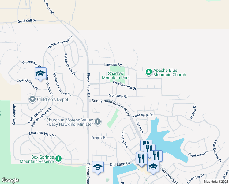 map of restaurants, bars, coffee shops, grocery stores, and more near 9954 Pasatiempo Place in Moreno Valley