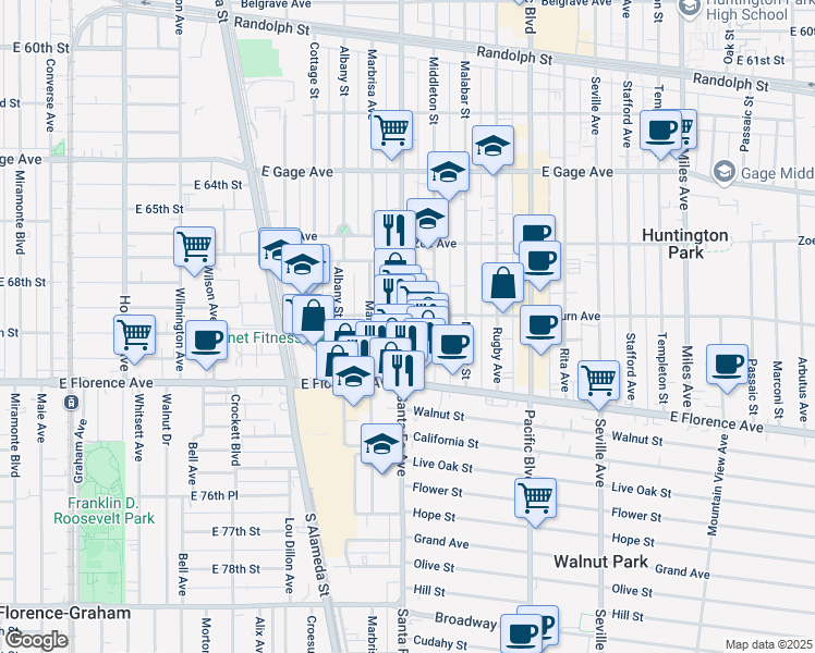map of restaurants, bars, coffee shops, grocery stores, and more near 6908 Santa Fe Avenue in Huntington Park