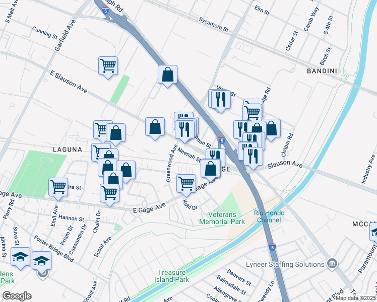 map of restaurants, bars, coffee shops, grocery stores, and more near 7533 Neenah Street in Commerce
