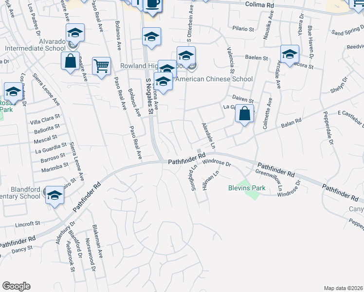 map of restaurants, bars, coffee shops, grocery stores, and more near 2270 Raleo Avenue in La Puente