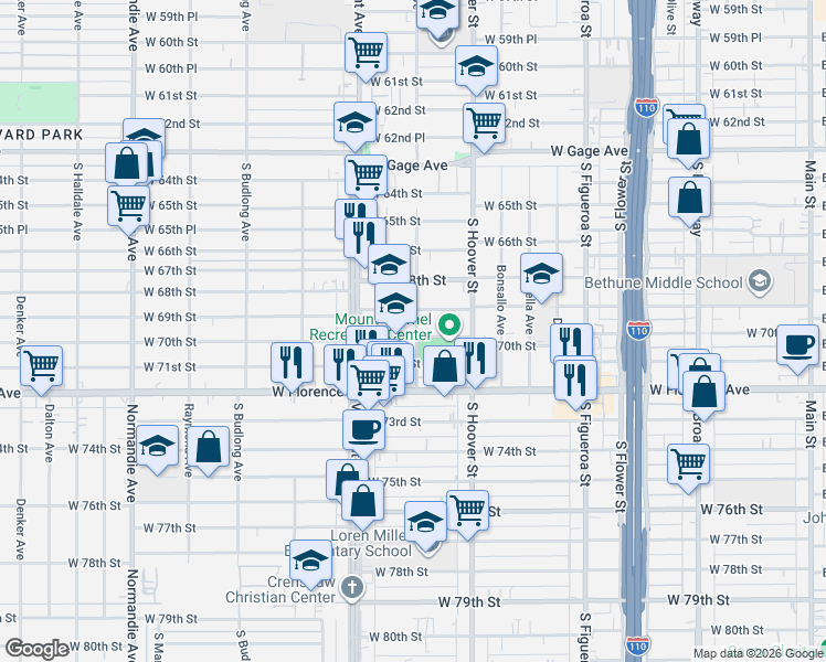 map of restaurants, bars, coffee shops, grocery stores, and more near 6919 South Menlo Avenue in Los Angeles