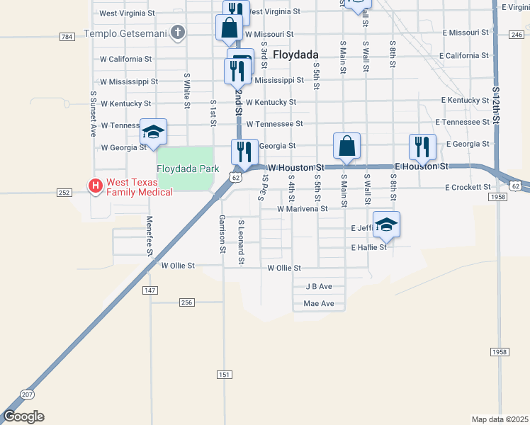map of restaurants, bars, coffee shops, grocery stores, and more near 331 West Marivena Street in Floydada
