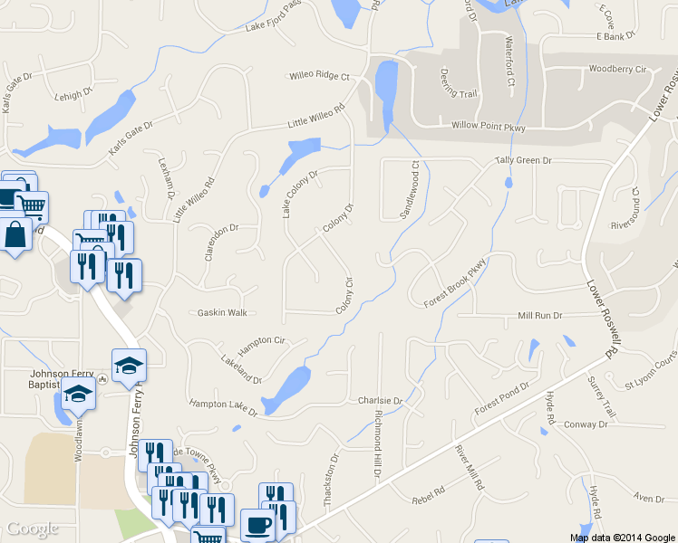 map of restaurants, bars, coffee shops, grocery stores, and more near 1209 Colony Circle in Marietta