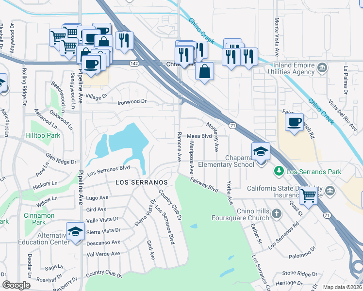 map of restaurants, bars, coffee shops, grocery stores, and more near 15239 Ramona Avenue in Chino Hills
