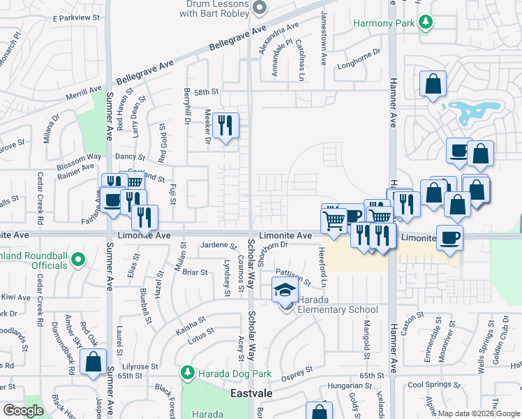 map of restaurants, bars, coffee shops, grocery stores, and more near Victoria Way in Eastvale