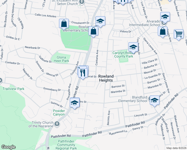 map of restaurants, bars, coffee shops, grocery stores, and more near 18301 Mescal Street in Rowland Heights