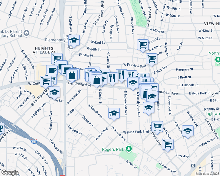 map of restaurants, bars, coffee shops, grocery stores, and more near 1413 Centinela Avenue in Inglewood