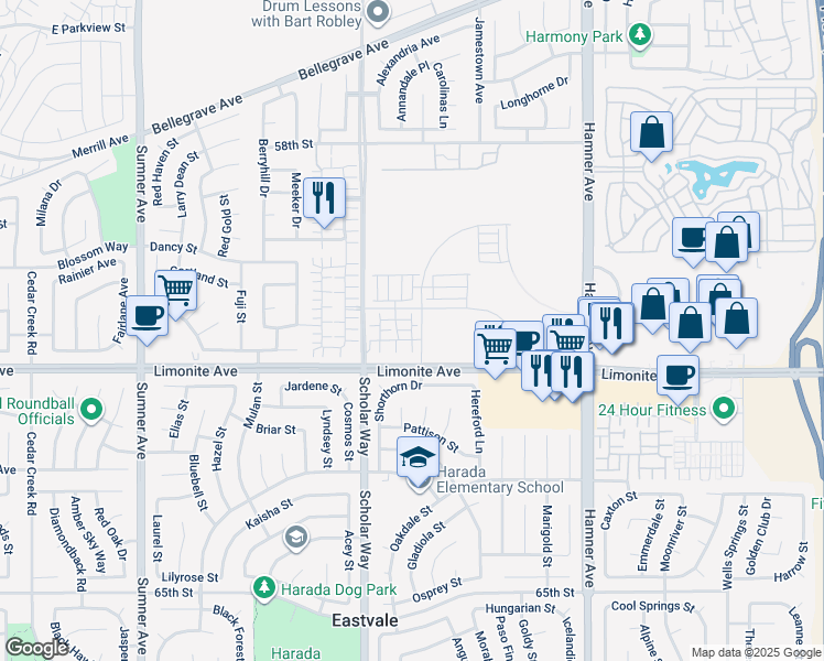 map of restaurants, bars, coffee shops, grocery stores, and more near Valentina Way in Eastvale