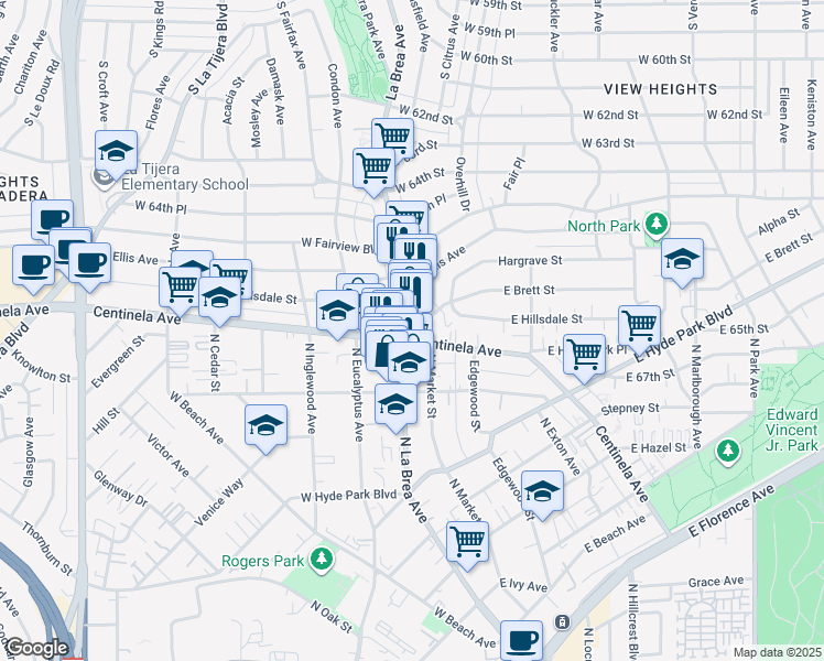 map of restaurants, bars, coffee shops, grocery stores, and more near in Inglewood