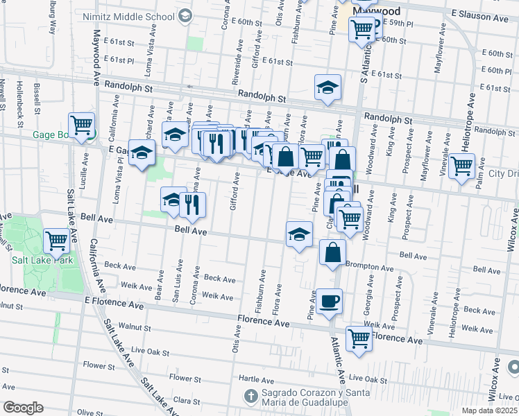 map of restaurants, bars, coffee shops, grocery stores, and more near 6608 Otis Ave in Bell