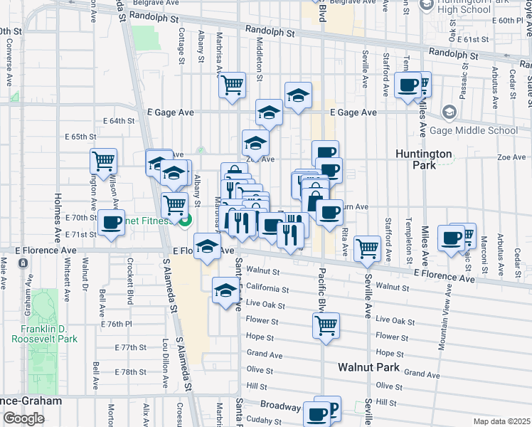 map of restaurants, bars, coffee shops, grocery stores, and more near 6908 Middleton Street in Huntington Park