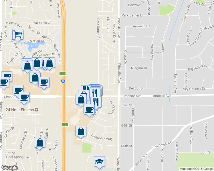 map of restaurants, bars, coffee shops, grocery stores, and more near 6125 Coopers Hawk Drive in Jurupa Valley