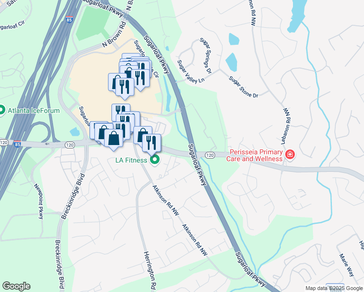 map of restaurants, bars, coffee shops, grocery stores, and more near 5710 Sugarloaf Parkway in Duluth