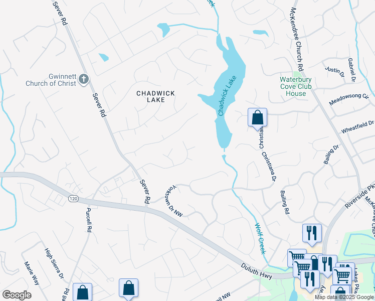 map of restaurants, bars, coffee shops, grocery stores, and more near 1202 Margo Trail Northwest in Lawrenceville