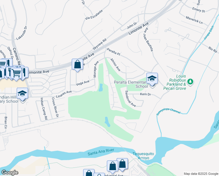 map of restaurants, bars, coffee shops, grocery stores, and more near 6157 Avenue Juan Diaz in Riverside