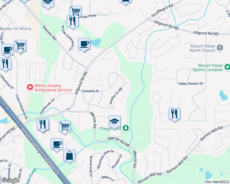 map of restaurants, bars, coffee shops, grocery stores, and more near 1093 Azalea Circle Northeast in Marietta