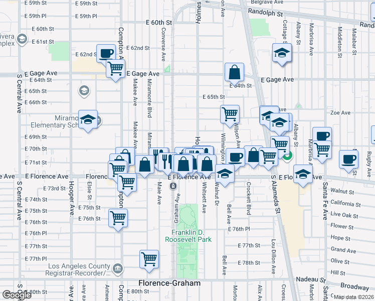map of restaurants, bars, coffee shops, grocery stores, and more near 1737 East 70th Street in Los Angeles