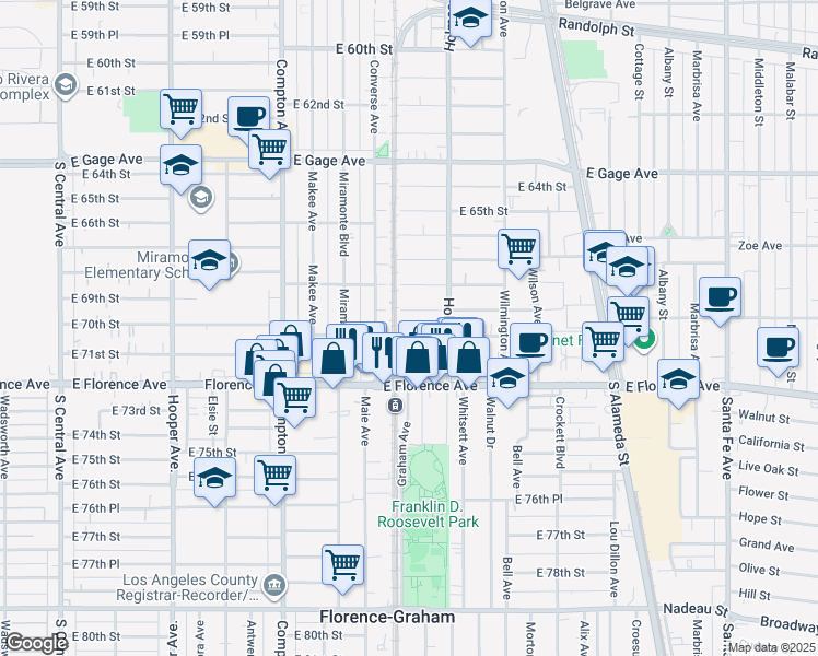 map of restaurants, bars, coffee shops, grocery stores, and more near 1715 East 70th Street in Los Angeles