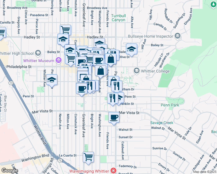 map of restaurants, bars, coffee shops, grocery stores, and more near 7218 1/2 Friends Avenue in Whittier