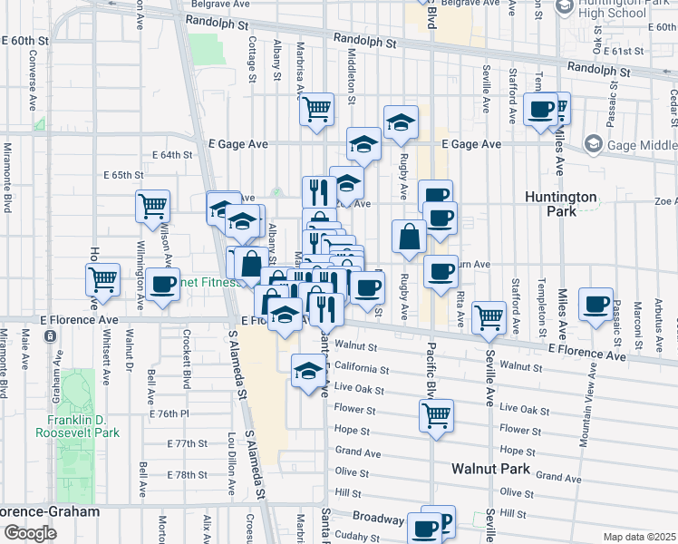 map of restaurants, bars, coffee shops, grocery stores, and more near 6908 Santa Fe Avenue in Huntington Park