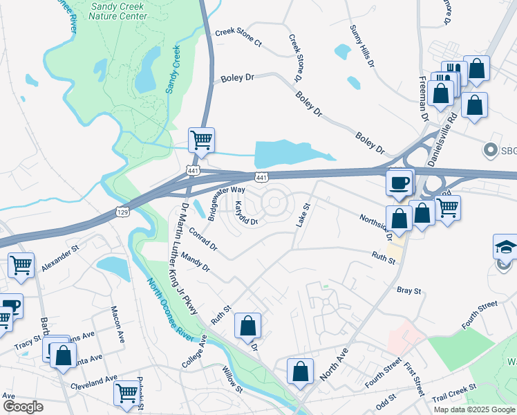 map of restaurants, bars, coffee shops, grocery stores, and more near 224 Bridgewater Circle in Athens