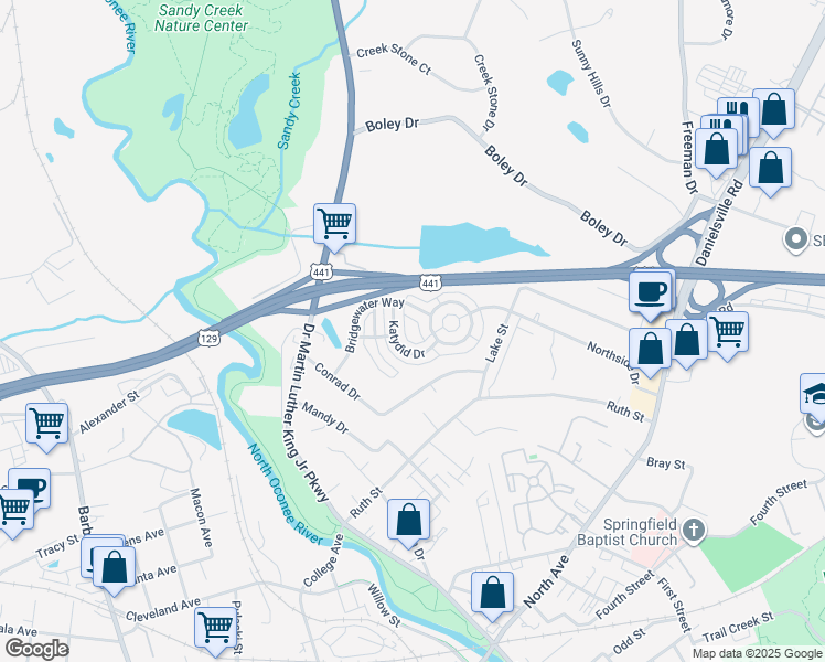map of restaurants, bars, coffee shops, grocery stores, and more near 230 Bridgewater Circle in Athens