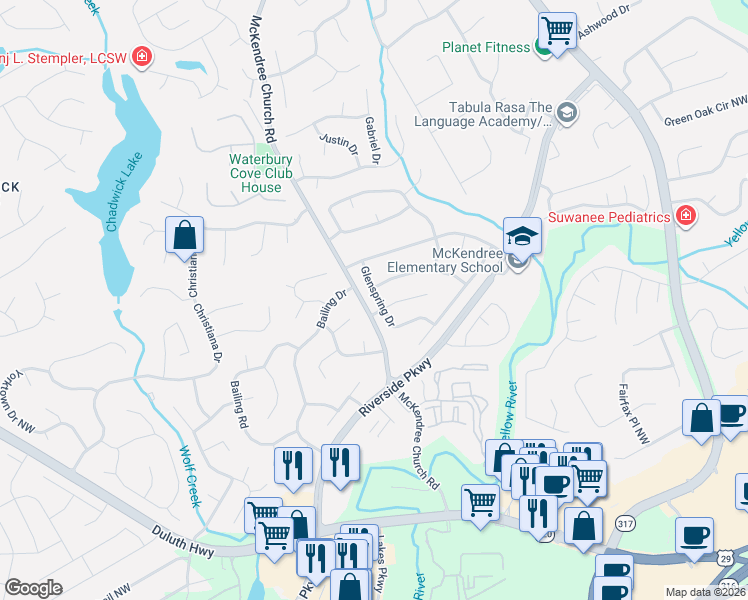 map of restaurants, bars, coffee shops, grocery stores, and more near 709 Glenspring Drive in Lawrenceville