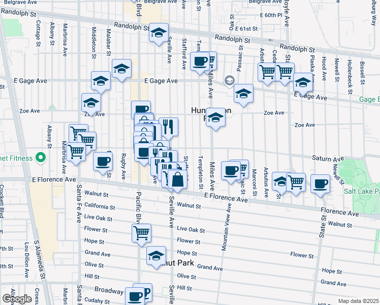 map of restaurants, bars, coffee shops, grocery stores, and more near 6910 Stafford Avenue in Huntington Park