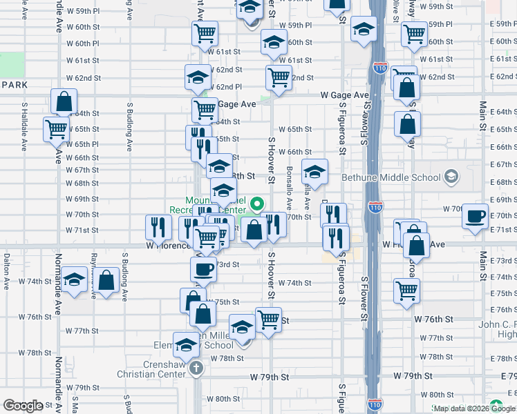 map of restaurants, bars, coffee shops, grocery stores, and more near 831 West 70th Street in Los Angeles