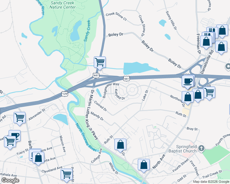 map of restaurants, bars, coffee shops, grocery stores, and more near 143 Fern Ridge Court in Athens