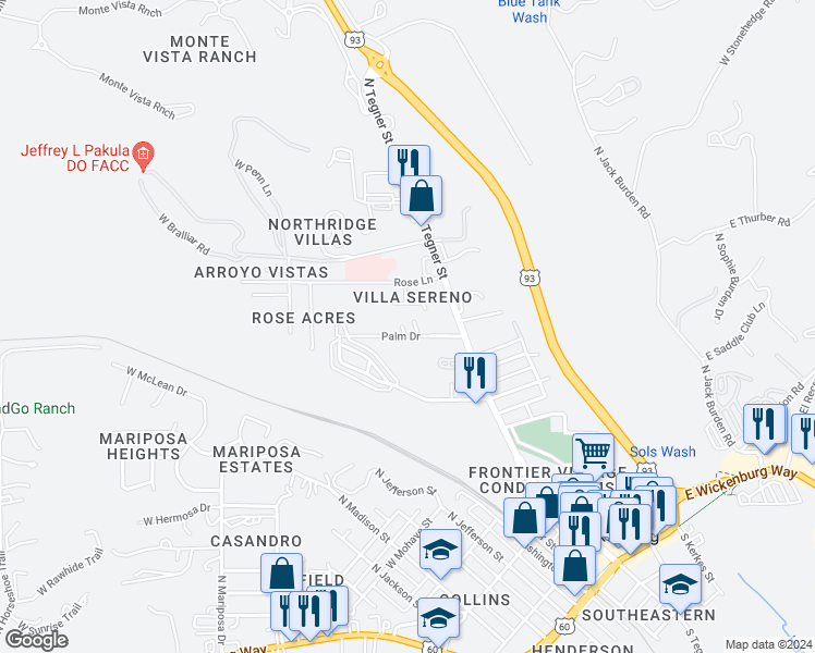 map of restaurants, bars, coffee shops, grocery stores, and more near 294 Palm Drive in Wickenburg