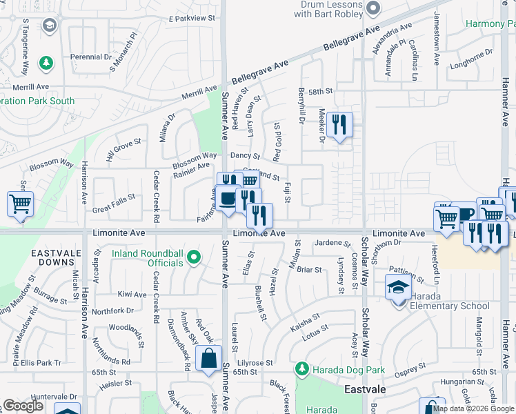 map of restaurants, bars, coffee shops, grocery stores, and more near 6150 McIntosh Court in Eastvale