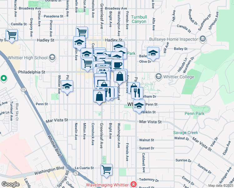 map of restaurants, bars, coffee shops, grocery stores, and more near 7223 Washington Avenue in Whittier