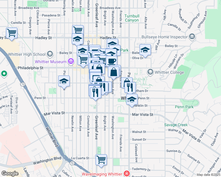 map of restaurants, bars, coffee shops, grocery stores, and more near 7223 Washington Avenue in Whittier