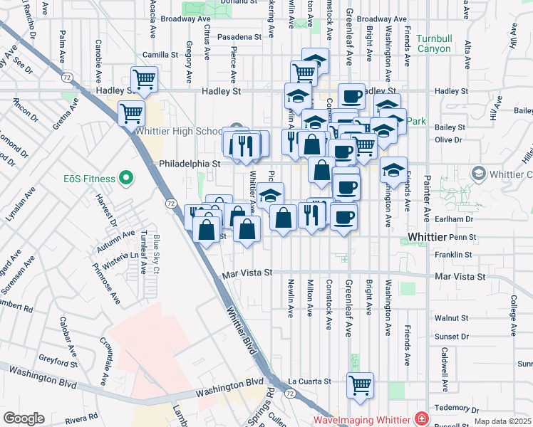 map of restaurants, bars, coffee shops, grocery stores, and more near 7229 Pickering Avenue in Whittier