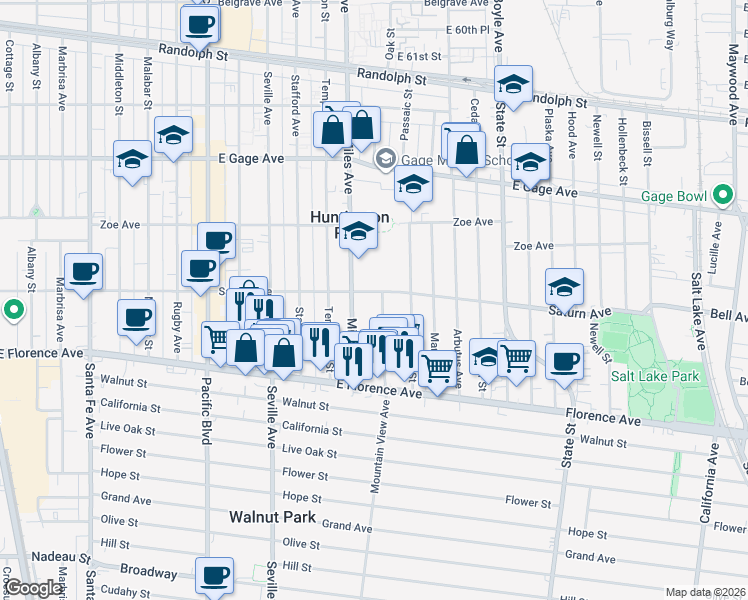 map of restaurants, bars, coffee shops, grocery stores, and more near 6913 Mountain View Avenue in Huntington Park