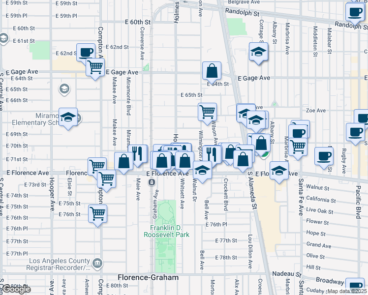 map of restaurants, bars, coffee shops, grocery stores, and more near 1817 East 70th Street in Los Angeles