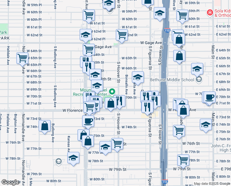 map of restaurants, bars, coffee shops, grocery stores, and more near 6928 South Hoover Street in Los Angeles