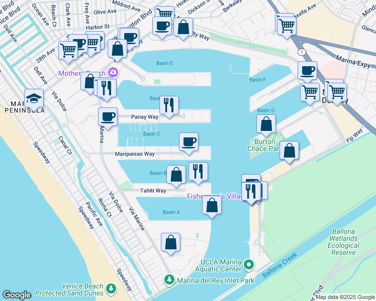 map of restaurants, bars, coffee shops, grocery stores, and more near 13800 Marquesas Way in Marina del Rey