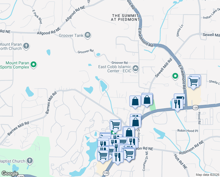 map of restaurants, bars, coffee shops, grocery stores, and more near 1020 Ven Villa Road in Marietta