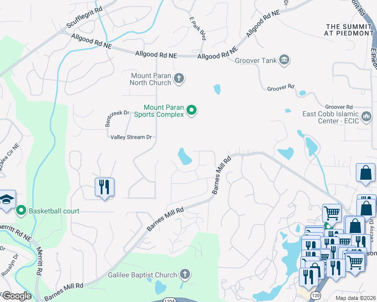 map of restaurants, bars, coffee shops, grocery stores, and more near 1745 Millview Drive Northeast in Marietta