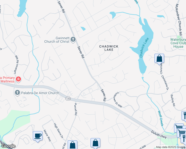 map of restaurants, bars, coffee shops, grocery stores, and more near 1455 Home Place Drive in Lawrenceville